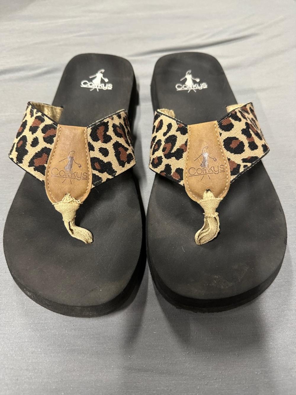 Corkys Leopard-Print Thong Sandals in Black and Tan